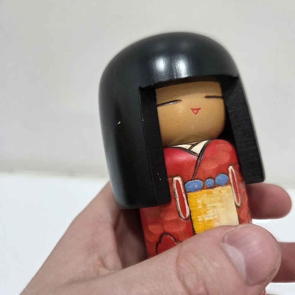 Vintage Japanese Carved Wooden Traditional Girl Kokeshi Doll Black Hair 5